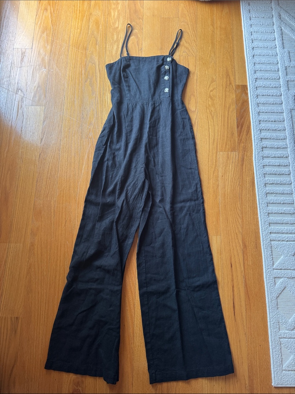 Urban Outfitters Black Linen-Blend Wide-Leg Button Jumpsuit